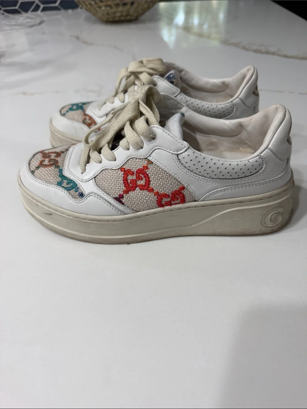 Gucci GG Logo-Detailed Leather and Multi Colored Embroidered Canvas Sneakers 39